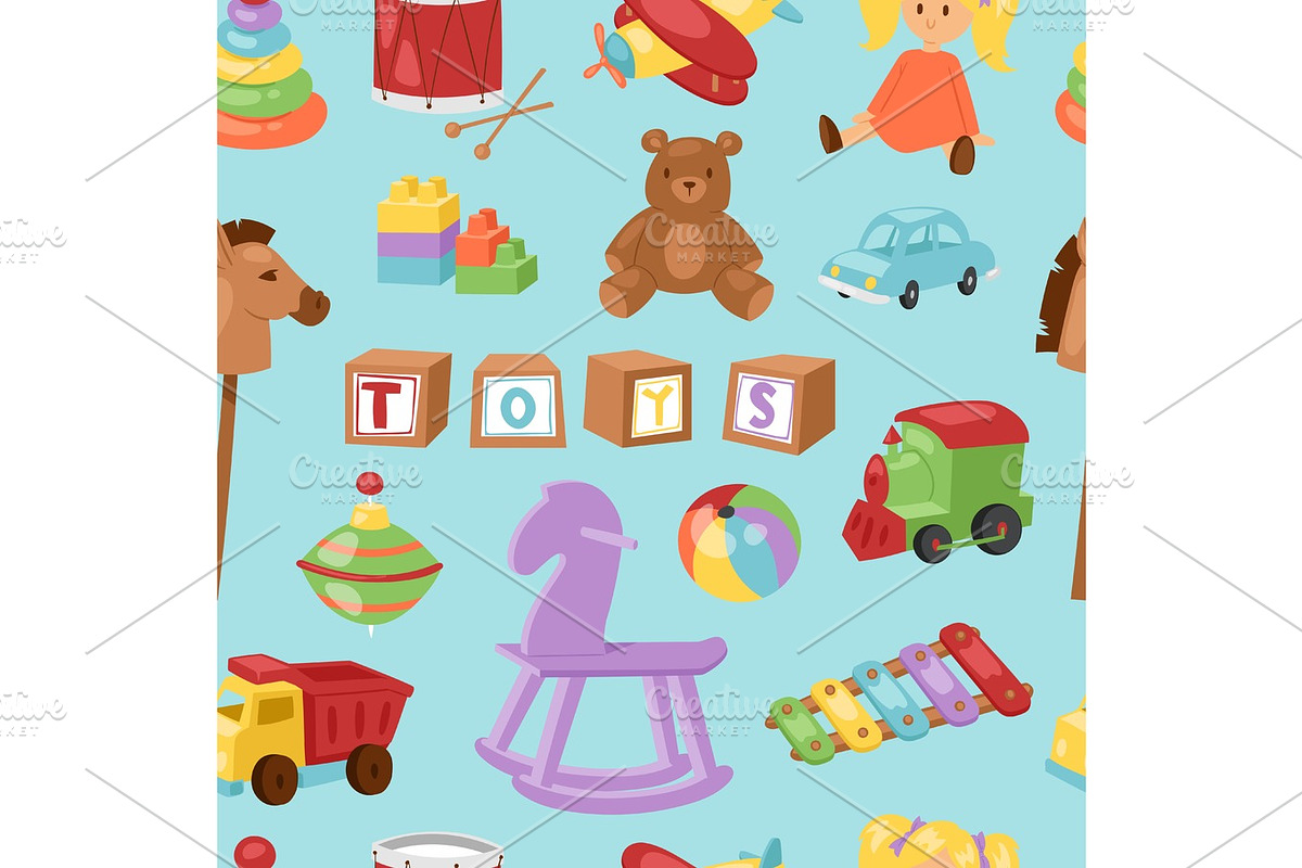 Set of different cartoon vector kids toys background playfull children stuff seamless pattern in Illustrations - product preview 8