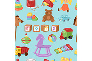 Set of different cartoon vector kids toys background playfull children stuff seamless pattern