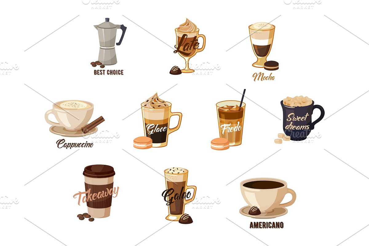 Different hot coffee with cream in cups in Illustrations - product preview 8