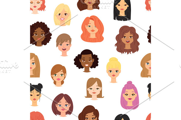 Different ethnic nationality affiliation woman head face vector icons seamless pattern