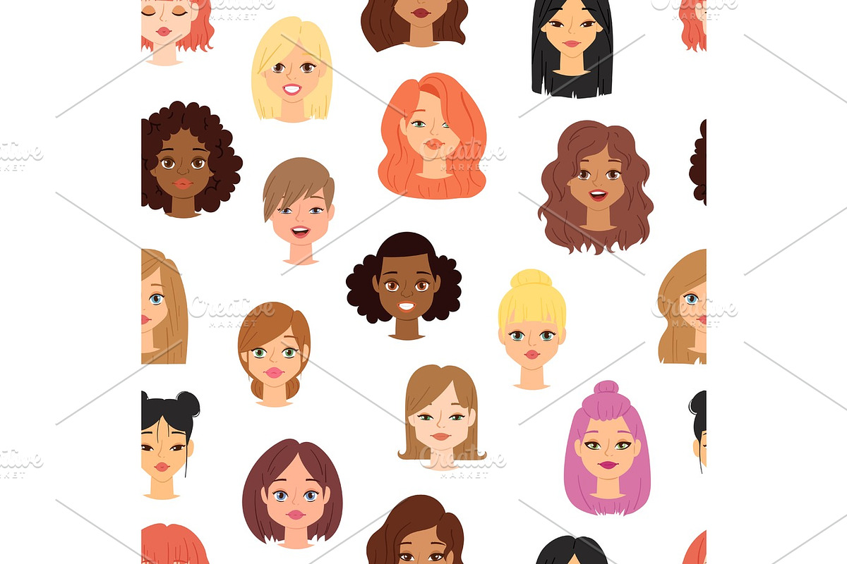 Different ethnic nationality affiliation woman head face vector icons seamless pattern in Illustrations - product preview 8