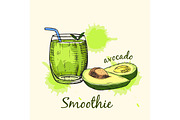 Sketch of avocado smoothie in glass. Vector illustration.