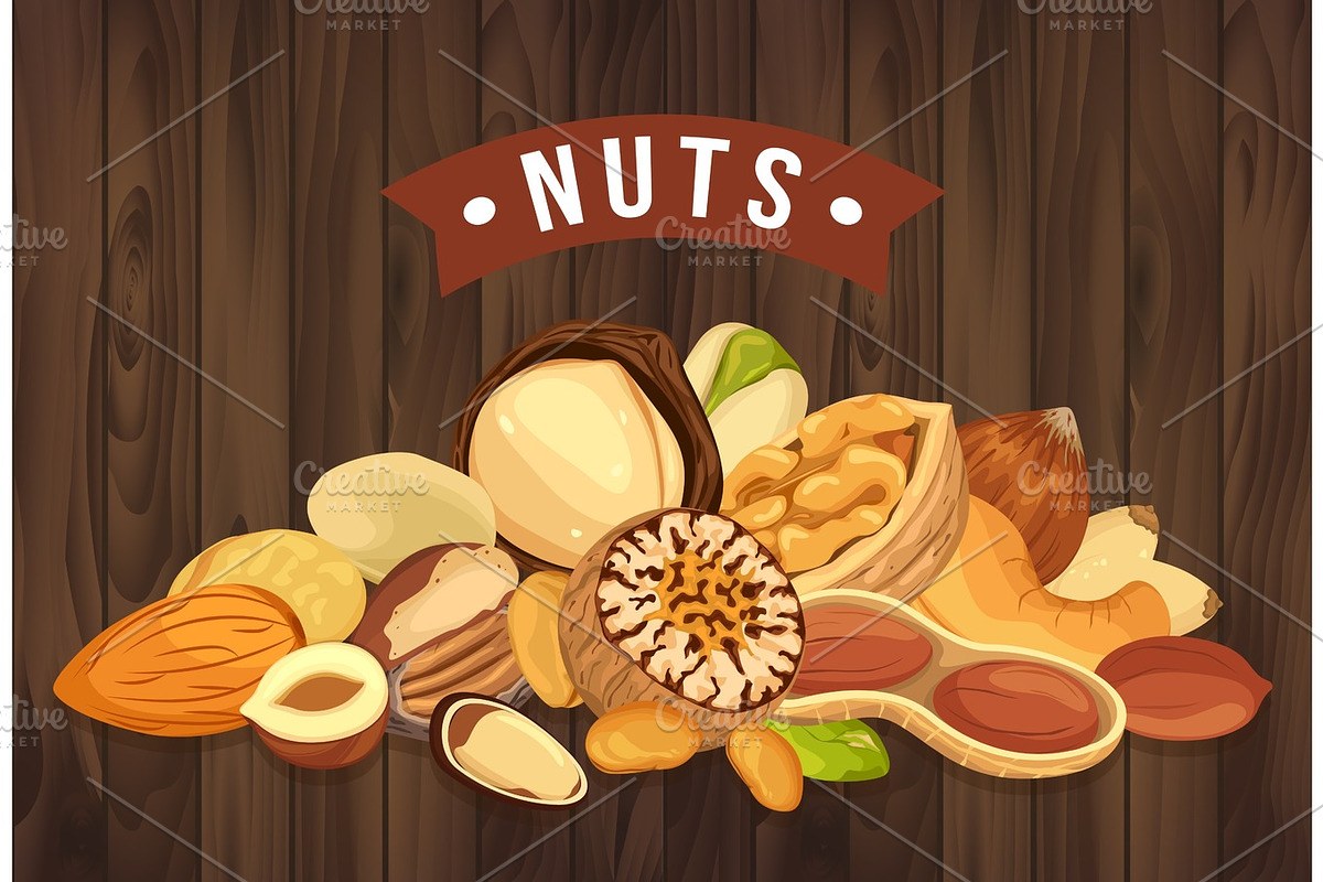 Nut pile as banner with kernel and shell, sign in Illustrations - product preview 8