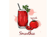 Sketch of tomato smoothie in glass with straw. Vector illustration.