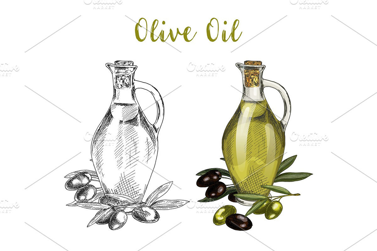 Glassware bottle with oil liquid and tree branch in Illustrations - product preview 8