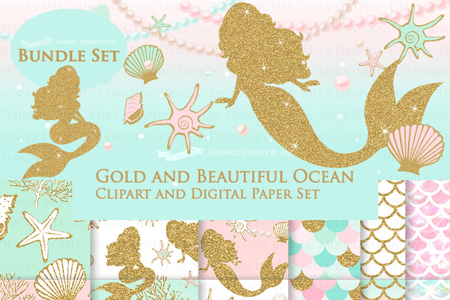 Mermaid Gold Clipart,Pattern in Illustrations - product preview 8