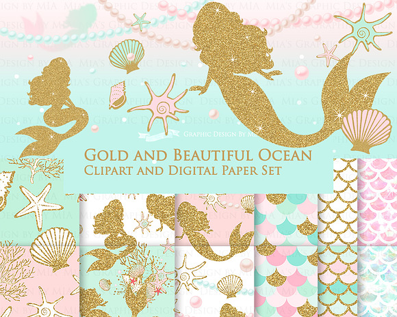 Mermaid Gold Clipart,Pattern in Illustrations - product preview 1
