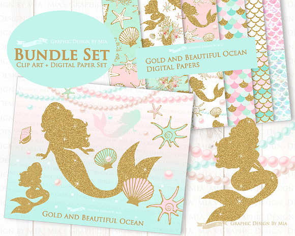 Mermaid Gold Clipart,Pattern in Illustrations - product preview 2
