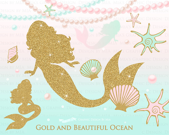 Mermaid Gold Clipart,Pattern in Illustrations - product preview 3