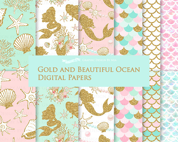 Mermaid Gold Clipart,Pattern in Illustrations - product preview 7