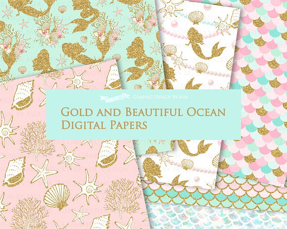 Mermaid Gold Clipart,Pattern in Illustrations - product preview 9