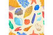 Sea shells and stars marine cartoon clam-shell seamless pattern background vector illustration