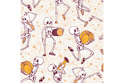 Vector dancing and musical skeletons Haloween repeat pattern background. Great for spooky fun party themed fabric, gifts, giftwrap.