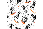 Vector skateboarding, jumping skeletons Haloween repeat pattern background. Great for spooky fun party themed fabric, gifts, giftwrap.