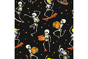 Vector dancing and skateboarding skeletons Haloween repeat pattern background. Great for spooky fun party themed fabric, gifts, giftwrap.