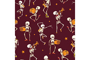 Vector dark red dancing and plating music skeletons band Haloween repeat pattern background. Great for spooky fun party themed fabric, gifts, giftwrap.