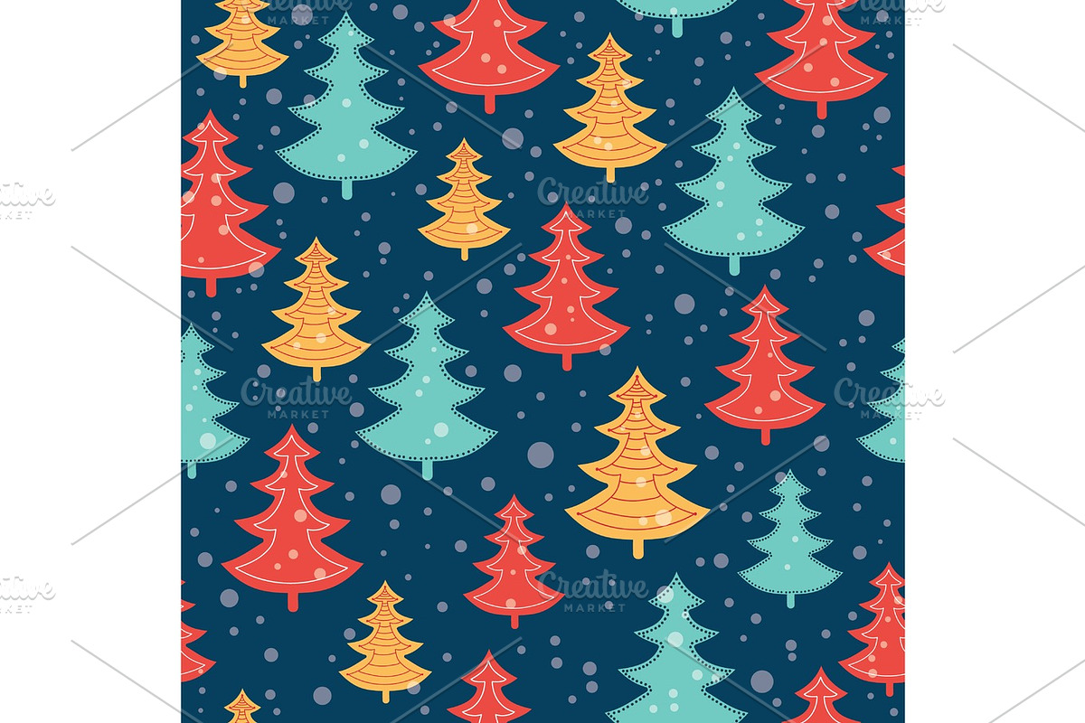 Vector blue, red, and yellow scattered christmas trees winter holiday seamless pattern on dark blue background. Great for fabric, wallpaper, packaging, giftwrap. in Objects - product preview 8