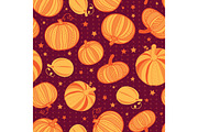 Vector orange dark red pumpkins polka dots seamless repeat pattern background. Great for fall themed designs, invitation, fabric, packaging projects.