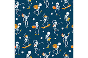Vector blue, white, orange dancing and skateboarding skeletons Haloween repeat pattern background. Great for spooky fun party themed fabric, gifts, giftwrap.