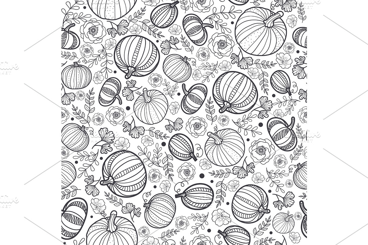 Vector black and white pumpkins seamless repeat pattern background. Great for fall themed designs, invitation, fabric, packaging projects. in Objects - product preview 8