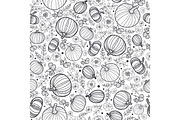 Vector black and white pumpkins seamless repeat pattern background. Great for fall themed designs, invitation, fabric, packaging projects.