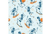Vector blue and orange dancing and skateboarding skeletons Haloween repeat pattern background. Great for spooky fun party themed fabric, gifts, giftwrap.