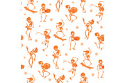 Vector orange dancing and skateboarding skeletons Haloween repeat pattern background. Great for spooky fun party themed fabric, gifts, giftwrap.