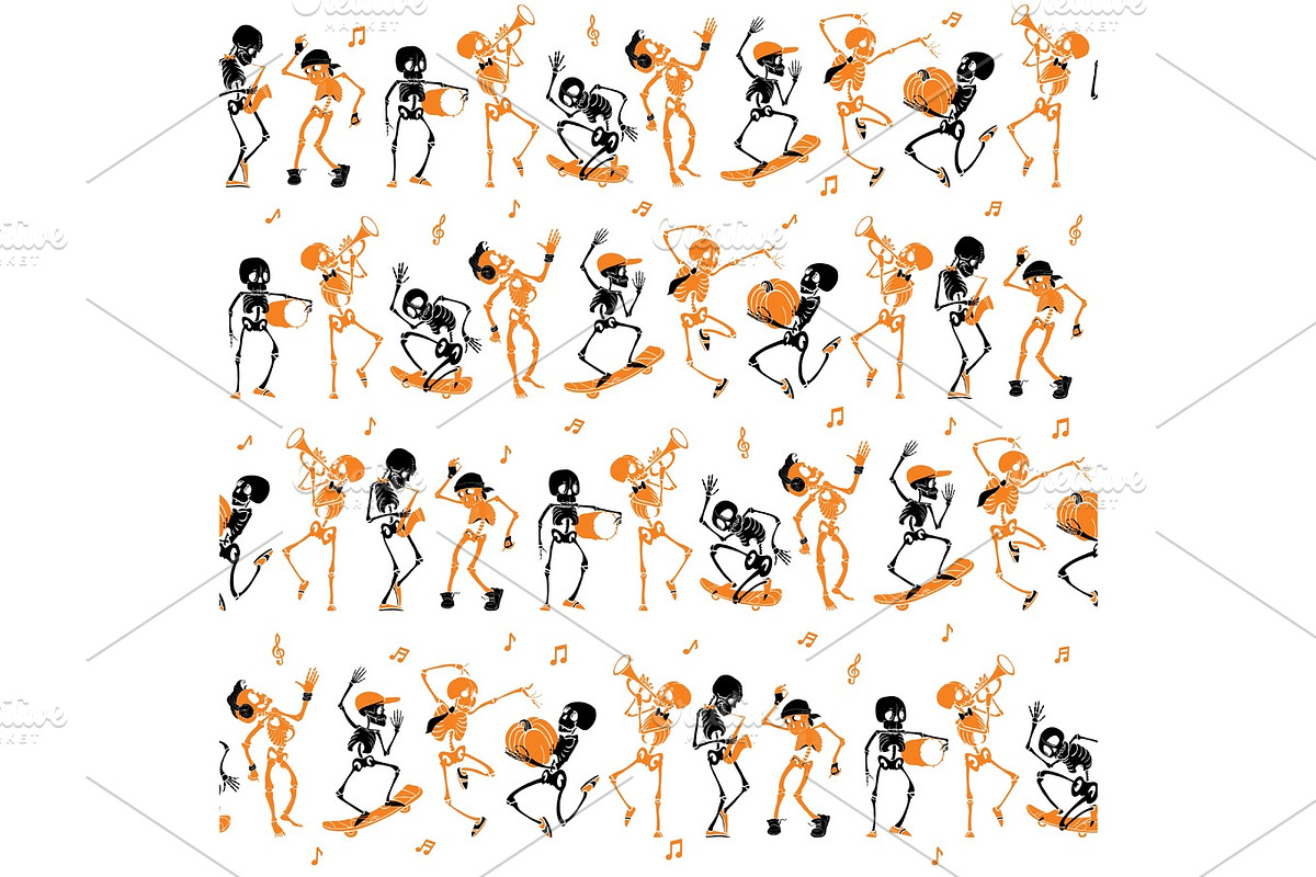 Vector orange, black dancing and skateboarding skeletons Haloween repeat pattern background. Great for spooky fun party themed fabric, gifts, giftwrap. in Textures - product preview 8