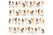 Vector orange, black dancing and skateboarding skeletons Haloween repeat pattern background. Great for spooky fun party themed fabric, gifts, giftwrap.