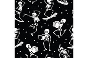 Vector fun black and white dancing and skateboarding skeletons Haloween repeat pattern background. Great for spooky fun party themed fabric, gifts, giftwrap.