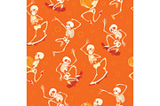 Vector fun orange dancing and skateboarding skeletons Haloween repeat pattern background. Great for spooky fun party themed fabric, gifts, giftwrap.