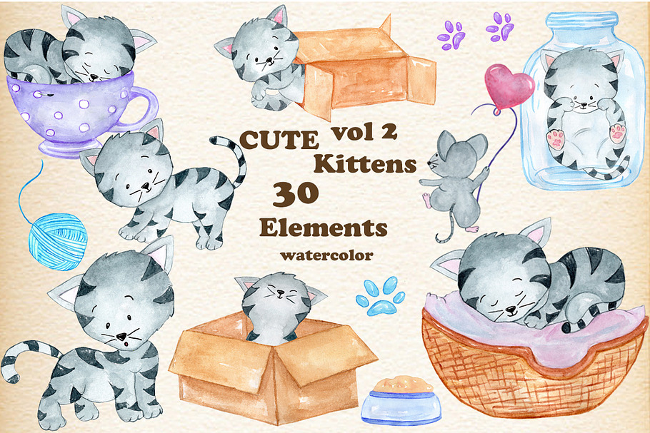 Watercolor Cats clipart in Illustrations - product preview 8