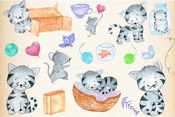Watercolor Cats clipart in Illustrations - product preview 1