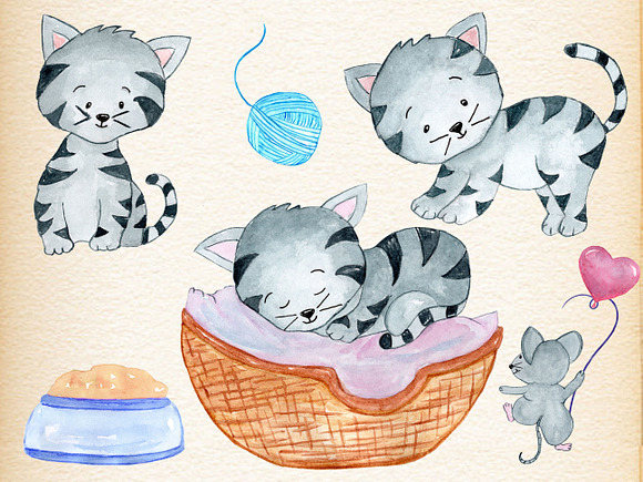 Watercolor Cats clipart in Illustrations - product preview 3