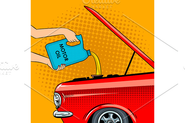 Hands poured motor oil pop art vector illustration
