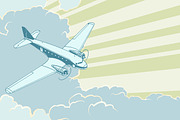 Retro airplane flying in the clouds. Air travel background
