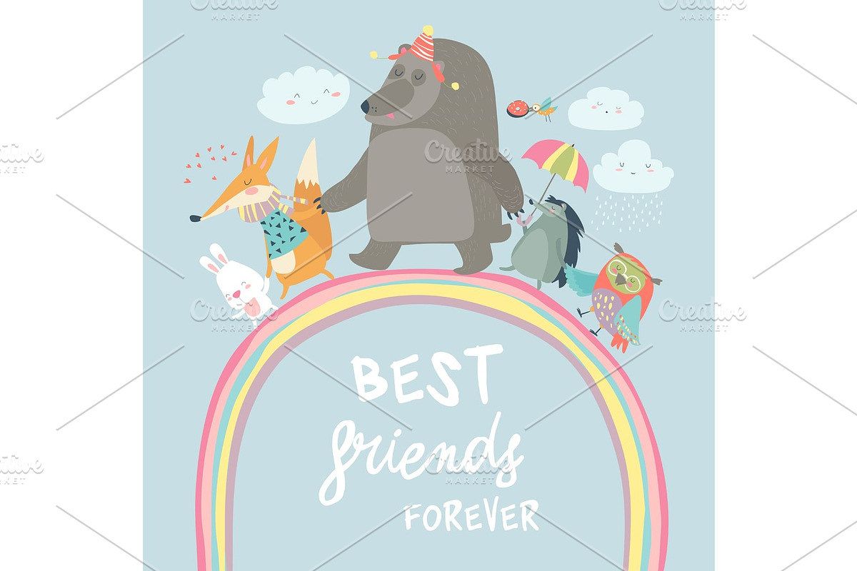Happy animals walking on rainbow in Illustrations - product preview 8