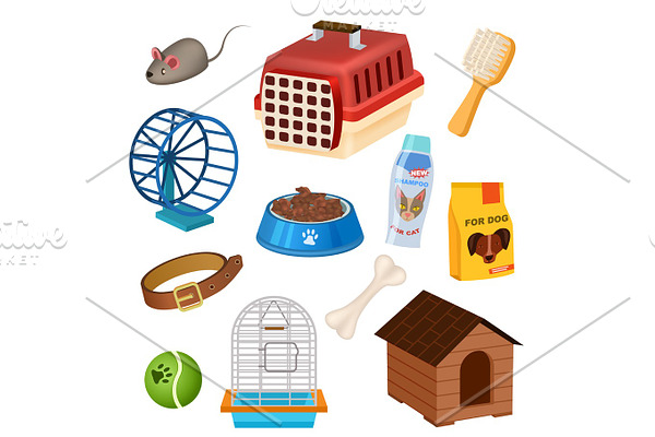 Pet shop icons set in cartoon style
