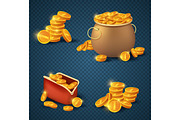 Golden coins in old bronze pot and purse