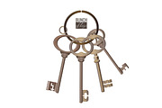 Bunch of keys metal chrome decorative unlock steel elements isolated