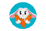 Long haired rabbit holding carrot in two paws vector illustration