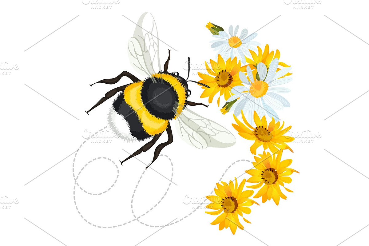 Bumblebee leaves trace swirled line on background with flowers in Illustrations - product preview 8