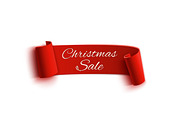 Christmas Sale, red realistic paper ribbon.