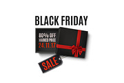 Black Friday sale design. Gift box with red ribbon on white.