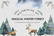 Watercolor set Magical winter forest