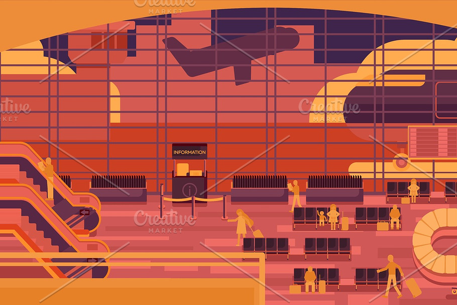 Business people sitting and walking in airport terminal, business travel concept. Flat design illustration. in Illustrations - product preview 8