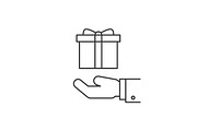 Gift box on hand line icon
