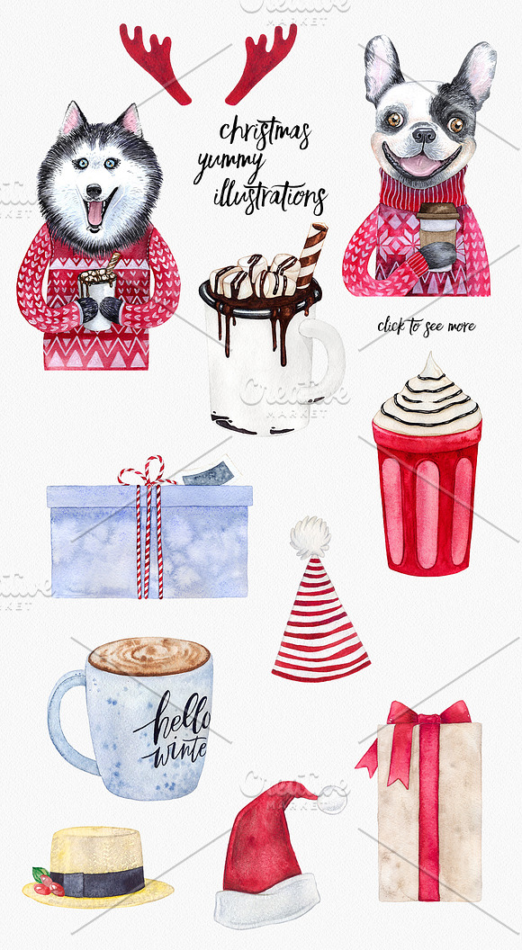 CHRISTMAS AND DOGS watercolor set in Illustrations - product preview 1