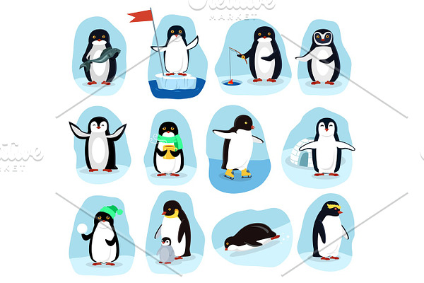 Penguins Daily Activities Posters Cartoon Set