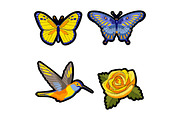 Rose, hummingbird and butterflies embroidery patch set